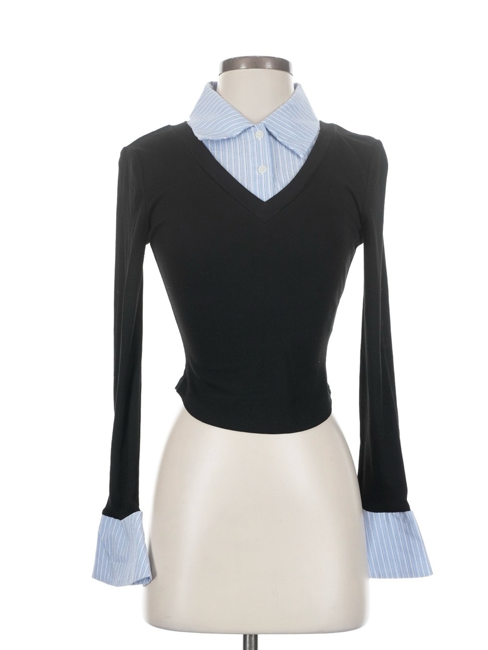 Commense Black Layered V-Neck Top with Light Blue Stripe Collar